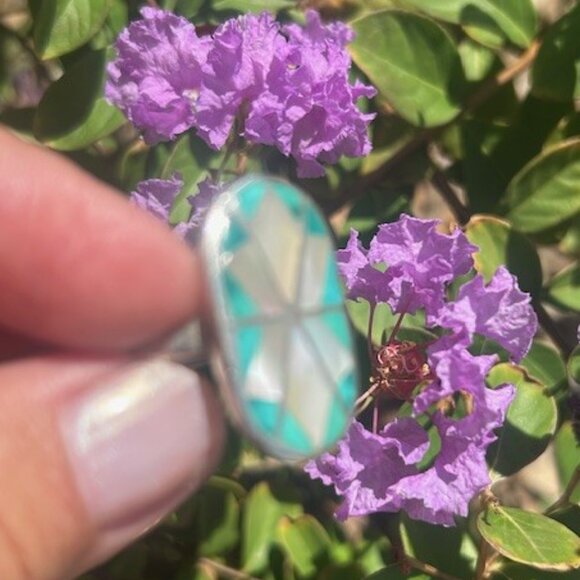 ZUNI D.F. ROMANCITO Turquoise MOP Silver Inlay RING - Picture 4 of 9